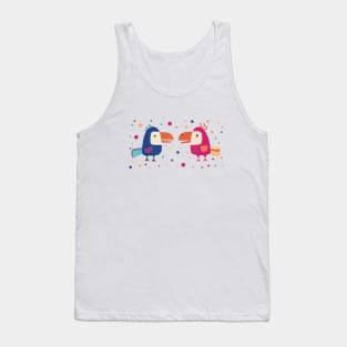 The Two colorful funny parrots meeting for a gossip surrounded with dots in many colors Tank Top